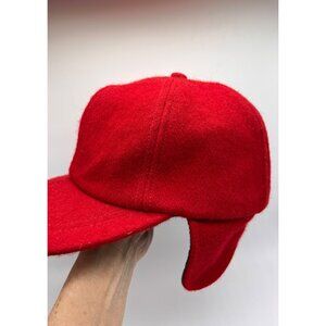 Vintage 1970s Red Wool Hunting Hat Ear Flaps Fleece Cap Union Made Label USA